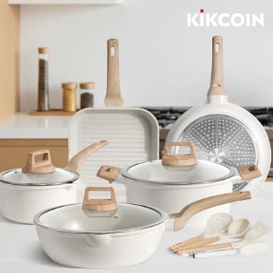 Kikcoin 16Pcs Pots and Pans Set Nonstick Ceramic Cookware Sets Induction Kitchen Cooking Set Non toxic Healthy Non Stick w/Grill Pan,Saute Pan, Ceramic White - Image 2