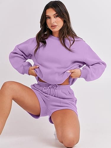 ANRABESS Women 2 Piece Outfits Sweat Shorts Sets 2025 Oversized Casual Lounge Matching Set Sweatsuit Tracksuit Fall Clothes Purple X-Large - Image 9