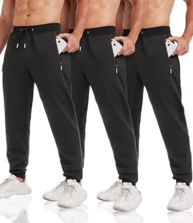 3 Pack Sweatpants for Men Tapered Mens Joggers Pants with Zip Pockets Fleece Slim Fit Workout Running Gym Sweat Pants(Black,Black,Black,XL) - Image 1