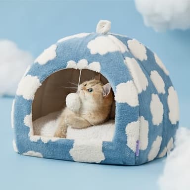 Lesure Cute Cat Beds for Indoor Cats - 2 in 1 Cat Cave Bed for Kittens and Small Pets with Removable Washable Cushioned Pillow, Cozy Kitten Tent with Non-Slip Bottom, Blue, 16 inches - Image 6