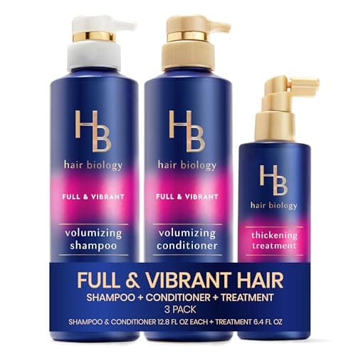 Hair Biology Full & Vibrant Set Including: Volumizing Shampoo (12.8 Fl Oz), Conditioner (12.8 Fl Oz) & Thickening Treatment (6.4 Fl Oz), for Thin or Fine Hair, Biotin Infused, Paraben-Free, Color-Safe - Image 1
