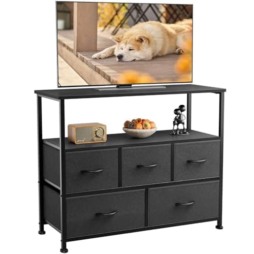 DUMOS TV Stand Dresser for Bedroom with 5 Fabric Drawer,Entertainment Center for 45 inch Television, Media Console Table with Storage, Open Shelf, Adjustable Feet, Living Room Furniture, Black - Image 1