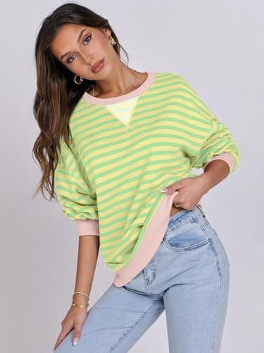 ANRABESS Women Striped Sweatshirts Oversized Crewneck Long Sleeve Shirts Y2K Pullover Top 2025 Fall Outfits Fashion Clothes Light Yellow Green Large - Image 6