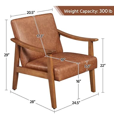 Yaheetech PU Leather Accent Chair, Mid-Century Modern Armchair with Solid Wood Legs, Reading Leisure Chair with High Back for Living Room Bedroom Waiting Room, Light Brown - Image 3