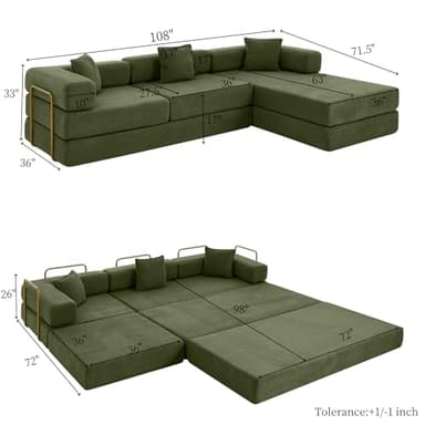 HANXIN 108" Modular Sectional Sofa, Futon Convertible Sofa Bed,Oversized Corduroy Boneless Couch for Living Room,Floor Loveseat Sleeper with Pull Out Bed,Free Combination,No Assembly Required (Green) - Image 2