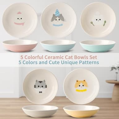 Ceramic Cat Bowls Set - 5.7 inch Wide Cat Food Bowls Whisker Fatigue Friendly, 5 Colorful Kitten Dish Plates with Cute Pattern for Wet and Dry Food Water - Image 7
