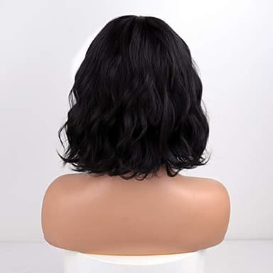 MISSQUEEN Short Wavy Black Wig with Bangs, Short Black Bob Wigs for Women, Wavy Bob Wig with Bangs Synthetic Natural Looking Heat Resistant Fiber Wigs - Image 5