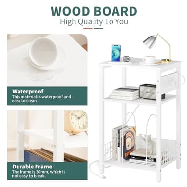Yoobure Record Player Stand, 3-Tier White Side Table with Charging Station, Small End Table Record Holder with Vinyl Storage, Beside Tables Turntable Stand for Album CD, Night Stand for Living Room - Image 5