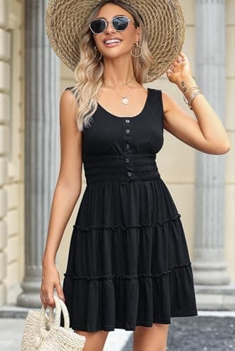 Dokotoo Womens Summer Dresses 2025 Sleeveless Button Down Smocked Waist Ruffle Tiered Casual Swing Mini Easter Dress Beach Vacation Clothes for Women Sun Tank Tshirt Sundress Outfits Black Large - Image 4
