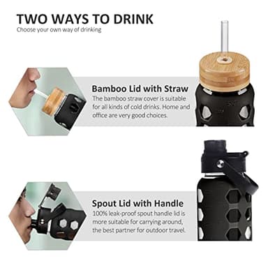 MUKOKO 32oz Glass Water Bottles with 2 Lids-Handle Spout Lid&Bamboo Straw Lid, Motivational Water Tumbler with Time Marker Reminder and Silicone Sleeve, Leakproof-Black-1 Pack - Image 3