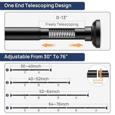 ENJOYBASICS Matte Black Shower Curtain Rod 30 to 76 Inches, 1 Inch Stainless Steel Adjustable Spring Tension Rods No Drill for Bathroom, Closet, Window, Room Divider, Never Rust, Non Slip - Image 2