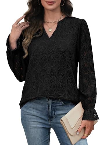 Black Long Sleeve Shirts for Woman Dressy Casual Blouses Lace Eyelet Fall Tops 2025 Womens Fashion Going Out Date Night Outfits Embroidered L - Image 3