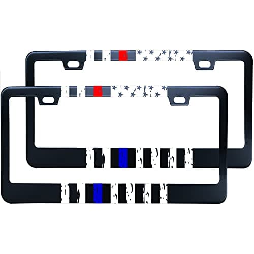 XYCustomBest 2PC American Flag Firefighter License Plate Frames for Women/Men, Stainless Steel Car Tag Frame License Plate Holder with Screw Caps for US/CA Vehicles