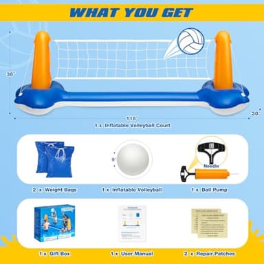 KIDDITOY 118" Pool Volleyball Set – Inflatable Volleyball Court with 2 Weight Bags, Upgraded PVC Ball & Pump – Fun Pool Games for Adults & Family | Summer Party Gift - Image 6