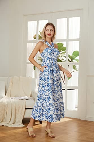 GRACE KARIN Women Crisscross Halterneck Floral Print Maxi Dresses for Summer White Blue XL - Image 4