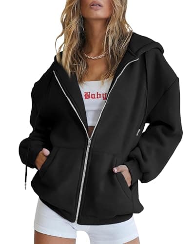 EFAN Women Zip Up Hoodies Oversized Sweatshirt Jacket 2024 Fall Fleece Cute Pullover Hooded Tops Teen Girls Casual Loose Fit Y2k Trendy Fashion Gym Clothes Outfits Black M - Image 1
