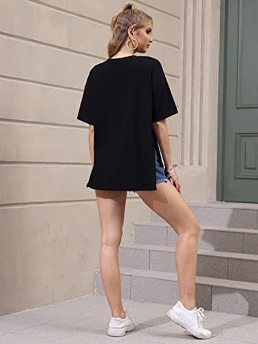 VNIRA Oversized T Shirt for Women Losse Fit Cotton Short Sleeve Workout Top Summer Casual Blouse Basic Split Hem Tee Tops Black - Image 3