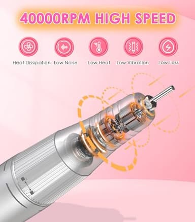 Portable Nail Drill Electric File: 40000RPM Professional Rechargeable Nail E-File Machine, Cordless Nail Drill with Bits & Base for Acrylic Nails Remove Nail Gel Polish Manicure for Salon Home, White - Image 4