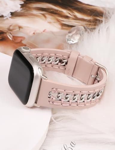 Minyee Leather Band Compatible with Apple Watch Bands 38/40/41/42mm Women, Dressy Leather Strap with Stainless Steel Metal Chain for iWatch Series 11 10 9 8 7 6 5 4 SE/Ultra 3 2 1, Pink/Starlight - Image 4