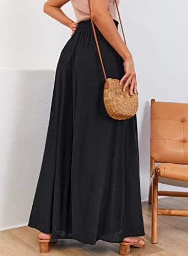 Dokotoo Womens Beach Fashion Clothing Wide Leg Pants with Tie Drawstring Casual Loose High Waisted Palazzo Linen Pants for Women Ladies Soft Lounge Trousers with Pockets Black L - Image 4