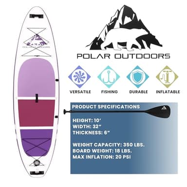 Polar Outdoors by Roc Inflatable Stand Up Paddle Board with Premium SUP Paddle Board Accessories, Wide Stable Design, Non-Slip Comfort Deck for Youth & Adults (Orchid) - Image 3