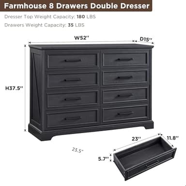 ACCOHOHO Farmhouse 8 Drawers Dresser Chests for Bedroom,52" Wide Wood Rustic Chest of Drawers with Metal Handle,Natural Texture,Drawer Organizer for Bedroom,Living Room,Hallway and Entryway,Black - Image 2