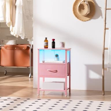 Yoobure Pink Night Stand with Charging Station, LED Nightstand for Bedroom, Bedside Tables with Adjustable Fabric Drawer, 3-Tier End Table Living Room, Small Side Table with Storage - Image 8