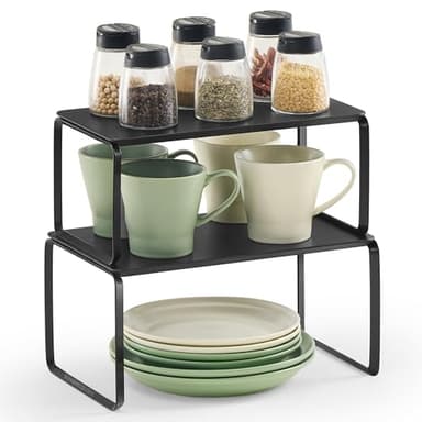 SONGMICS HOME Bamboo Cabinet Organizer Shelf, Nice-Looking Set of 2 Kitchen Counter Shelves, Kitchen Storage, Spice Rack, Stackable, Expandable, Ink Black UKCS050B01V1 - Image 1