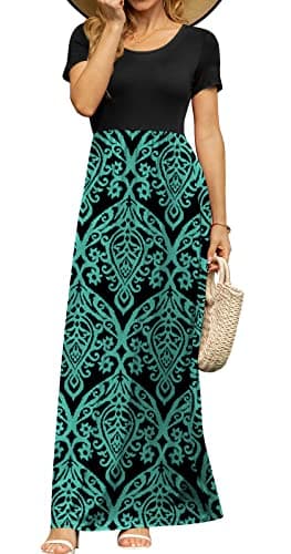 DB MOON Womens Casual Maxi Dresses Short Sleeve Empire Waist Long Dress for Beach with Pockets(Black and Blue Green, L) - Image 4