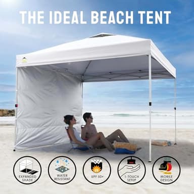 CROWN SHADES 10x10 Pop Up Canopy with 1 Side Wall - Beach Tent with One Push Setup - Outdoor Sun Shade for Events, Parties, Camping - Gazebo with STO-N-Go Cover Bag (White) - Image 5