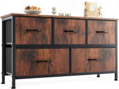 OLIXIS Dresser for Bedroom with 5 Drawers, Wide Chest of Drawers, Fabric Bedroom Dresser with Drawer Organizers, Storage Organizer Unit with Fabric Bins for Closet, Living Room, Hallway, Rustic Brown - Image 1