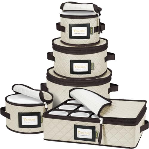 BALEINE China Storage Containers, Sturdy Quilted Wine Glass Storage, Plate Organizer with Carry Handles, Moving Boxes for Dishes, Cups, Mugs and Stemware (Plate Mug Combo, Soft Shell Cream) - Image 1