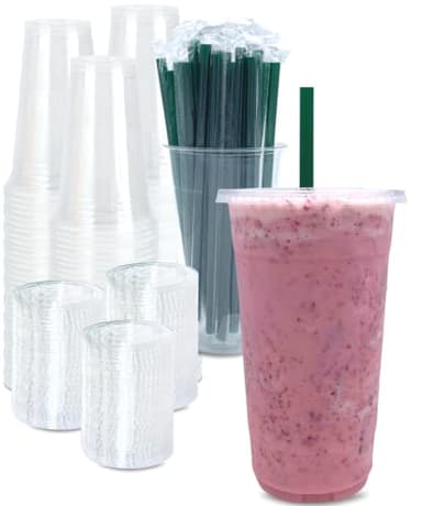 [100 SETS] 32 oz Clear Plastic Cups with Lids and STRAWS, Disposable Drinking Cups for Cold Drinks, Iced Coffee, Milkshakes, Smoothies - Image 1