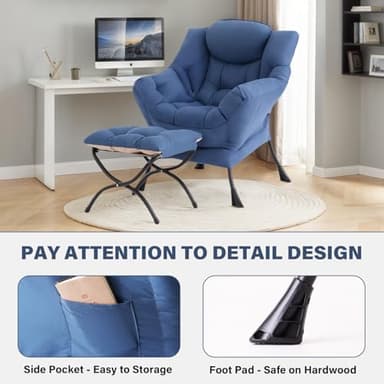 Tiita Lazy Chair with Ottoman, Modern Large Accent Lounge Armchair, Comfy Leisure Sofa Reading Chair with Footrest for Bedroom, Living Room, Dorm Rooms, Garden and Courtyard, Blue - Image 5