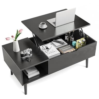 Sweetcrispy Lift Top Coffee Tables for Living Room, Small Rising Wooden Dining Center Tables with Storage Shelf and Hidden Compartment, Classic Black - Image 4