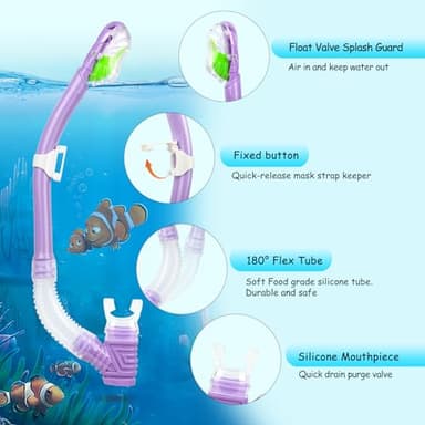 Kids Snorkel Set, Child Diving Mask Anti-Fog Swimming Goggles Dry Snorkel Children Snorkeling Swimming Gear for Youth Boys Girls Age 4-14 (Purple Set) - Image 6