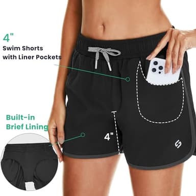 HODOSPORTS Women's 4" Swim Shorts with Liner Pockets Quick Dry Board Shorts Swimsuit Bottom Black L - Image 2
