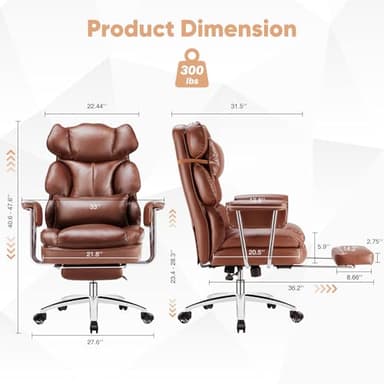 Sweetcrispy Executive Home Office Desk Chair - Ergonomic Big Tall High Back with Footrest & Lumbar Support, Reclining Height Adjustable, Comfy PU Leather Computer Gaming with Swivel Wheels, Brown - Image 3