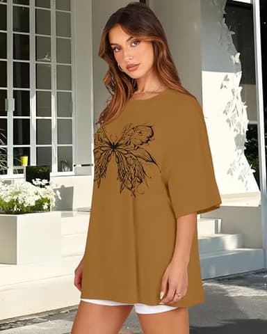 Womens Oversized Tshirt Graphic Tees Crew Neck Summer Short Sleeve Loose Fit Tops(Brown Butterfly, XXL) - Image 3