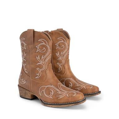 DREAM PAIRS Women's Cowboy Cowgirl Western Boots Embroidered Stitched Ankle Boots Square Toe Chunky Heel Fashion Short Booties with Zipper,Size 7,Tan,DWUMAB2511 - Image 6