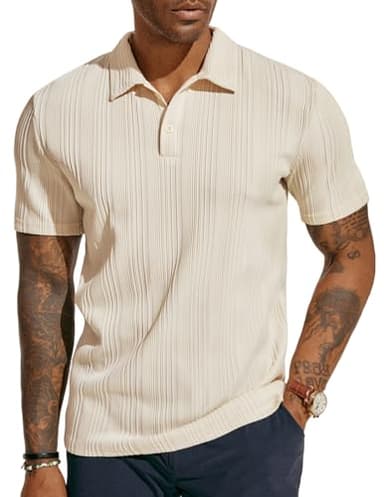PJ PAUL JONES Mens Polo Shirts Textured Knit Stretchy Short Sleeve Golf Shirts for Outdoor Beige - Image 1