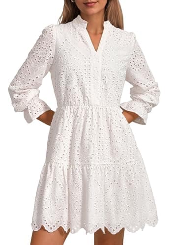 PRETTYGARDEN Women's Spring 2025 Long Puff Sleeve Mini Dress Hollow Out Lace V Neck A Line Ruffle Casual Party Dresses (White,Small) - Image 1
