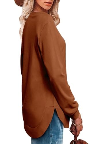 OFEEFAN Womens Sweatshirt Loose Fit Tops for Women Casual Fall Side Spilt Womens Fall Fashion 2025 boho tops for women Caramel S - Image 3