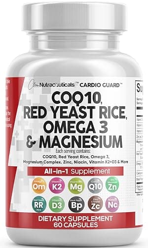 Clean Nutraceuticals COQ10 200mg Red Yeast Rice Omega 3 Magnesium Complex 500mg Niacin Zinc Vitamin K2 D3 - Heart Support Vitamins for Women & Men w/Vitamin B3, Coenzyme Q10-60 Ct - Image 1