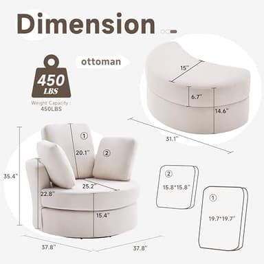 Huatean Home 39” Swivel Accent Barrel Chairs with Removable Headrest, Chaise Lounge Indoor with Neck Support Pillow, Swivel Chairs for Living Room, Oversized Chair with Ottoman, Beige - Image 2