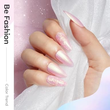 modelones Pearl Gel Nail Polish Set, 6 Colors Aurora Iridescent Shimmer White Pink Purple Mermaid Nail Drawing Glitter Gel Polish Soak Off Led Swirl Shell Thread Effect with Dotting Pen DIY Mani Gift - Image 4