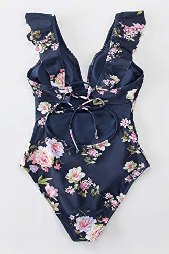 CUPSHE Women's One Piece Swimsuit Ruffle V Neck Lace Up Bathing Suit, XL Navy Floral - Image 5
