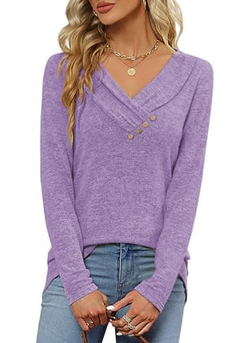 FMEYOA Women's Fall Long Sleeve Tunic Tops for Leggings V Neck Button Casual Blouse Sweatshirt(Purple,XX-Large) - Image 4