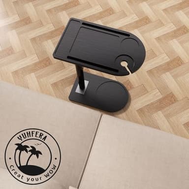 YUHFERA 360° Rotatable Sofa Tray Table for Couch Arm - Height Adjustable End Table for Bed or Chair with Phone & Tablet Slots, TV Tray Table, Side Table Tray for Small Spaces（Black,Arc） - Image 3