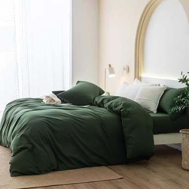 JIYUAN 100% Washed Cotton Duvet Cover Set 3 Pieces Oversized Queen, 1 Duvet Cover 98x98 Inches(Comforter Not Included) and 2 Pillowcases,Linen Feel Bedding Set Comfy and Breathable,Forest Green - Image 3